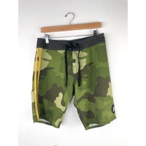 The Mad Huey’s Green Camouflage Board Shorts / Swim Trunks with Yellow Stripe Si